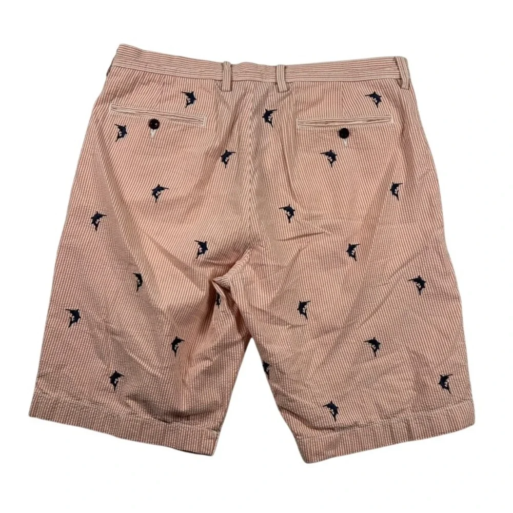 J.Crew Shorts Mens 34 Seersucker Striped Embroidered Swordfish Orange Tan Preppy